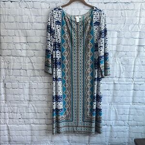 London Times Blue and White Patterned 3/4 sleeve Women's Dress‎ size 16